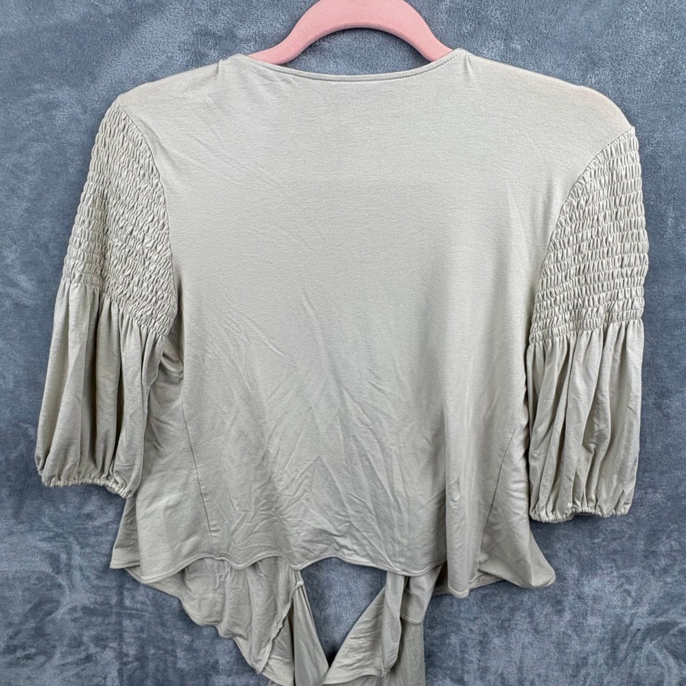 Theory Womens Beige Cotton Smocked Shoulder Tie Front Wrap Top Size Large - Picture 8 of 12